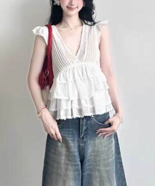 gossip!ロサンゼルス(ゴシップロサンゼルス)の「ロマンティックシアーVネックブラウス(シャツ/ブラウス・レディース・ホワイト/グレー/ブラック・FREE)」の9枚目の写真