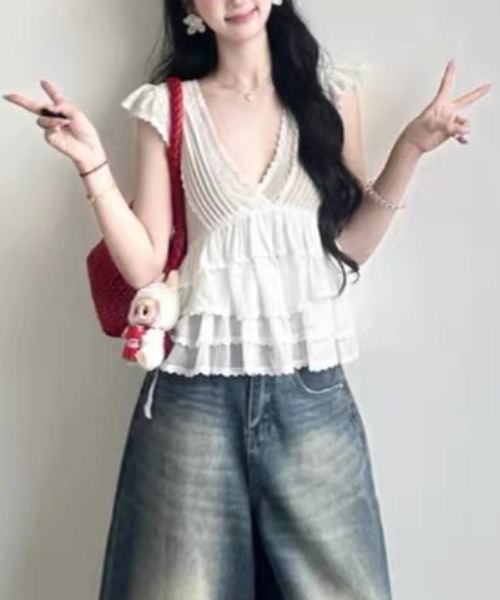 gossip!ロサンゼルス(ゴシップロサンゼルス)の「ロマンティックシアーVネックブラウス(シャツ/ブラウス・レディース・ホワイト/グレー/ブラック・FREE)」の10枚目の写真