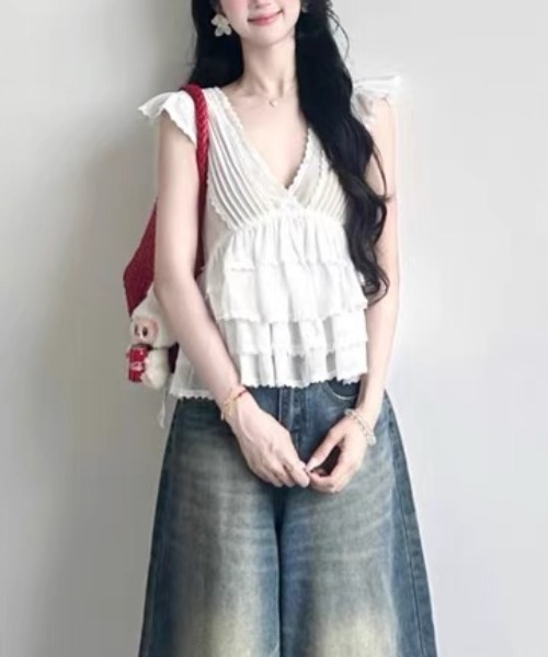 gossip!ロサンゼルス(ゴシップロサンゼルス)の「ロマンティックシアーVネックブラウス(シャツ/ブラウス・レディース・ホワイト/グレー/ブラック・FREE)」の11枚目の写真