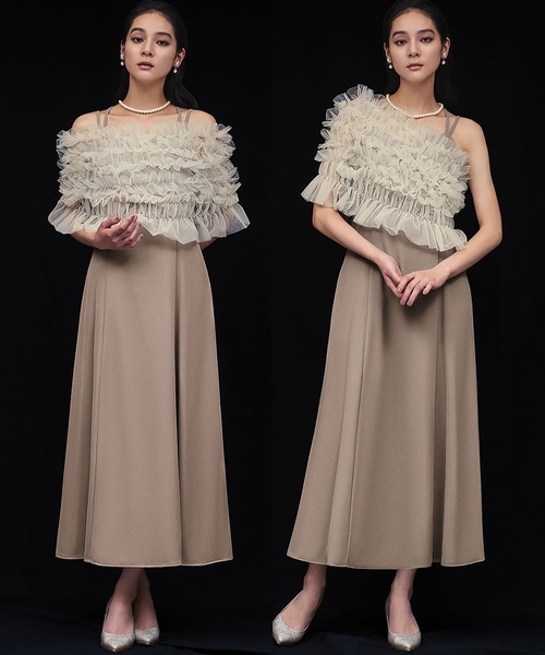 girl(ガール)の「マルチway シアーフリルトップス キャミソールワンピース 2点セット 結婚式 ワンピース パーティードレス オケージョンドレス お呼ばれ 二次会 成人式 同窓会 謝恩会(ドレス・レディース・ブラック/ダークグレー/ベージュ・L/M)」の7枚目の写真