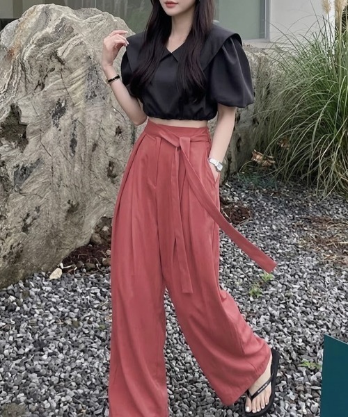 SHEPP(シープ)の「ウエストリボンデザイン タックワイドスラックス(スラックス・レディース・ブラック/グレー/ピンク/ブラウン/グリーン・L/M/S)」の7枚目の写真