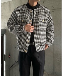 ノーカラーチェックジャケット