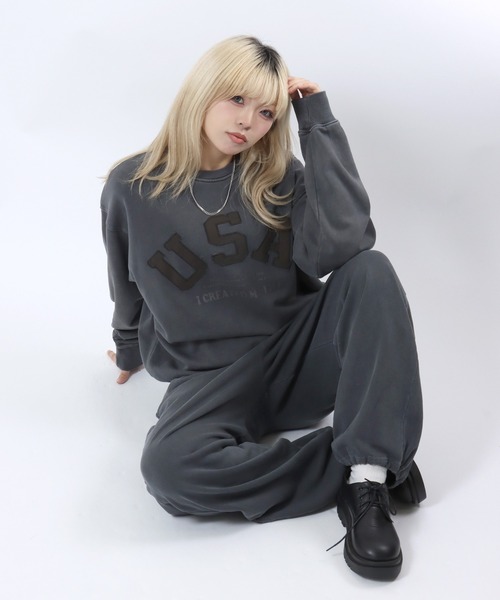 Salong hameu(サロン ハミュー)の「セットアップ対応 USAカモフラロゴアップリケ ピグメントウォッシュワイドシルエットスウェットパンツ メンズ レディース ユニセックス(スウェットパンツ・メンズ・ピンク/スミクロ/ネイビー・L/M)」の13枚目の写真