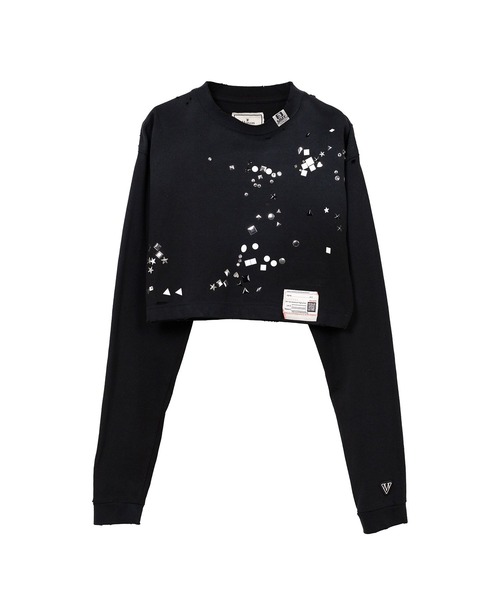 MIHARAYASUHIRO(ミハラヤスヒロ)の「【MIHARAYASUHIRO/ミハラヤスヒロ】EMBELLISHED DISTRESSED LONG SLEEVES MINI TEE/エンベリッシュドクロップロングスリーブTシャツ/ミニTEE(Tシャツ/カットソー・レディース・ホワイト/ブラック・36/38)」の2枚目の写真