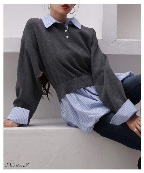 Sawa a la mode(サワアラモード)の「フェイクレイヤードバルーンヘムトップス(ニット/セーター・レディース・チャコールグレー/ブラック・FREE)」の3枚目の写真