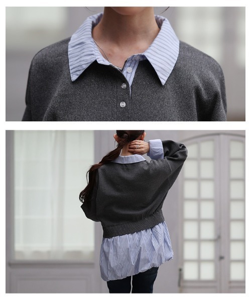 Sawa a la mode(サワアラモード)の「フェイクレイヤードバルーンヘムトップス(ニット/セーター・レディース・チャコールグレー/ブラック・FREE)」の6枚目の写真