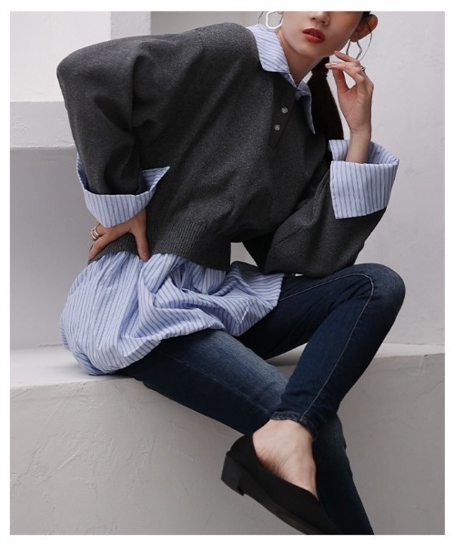 Sawa a la mode(サワアラモード)の「フェイクレイヤードバルーンヘムトップス(ニット/セーター・レディース・チャコールグレー/ブラック・FREE)」の11枚目の写真