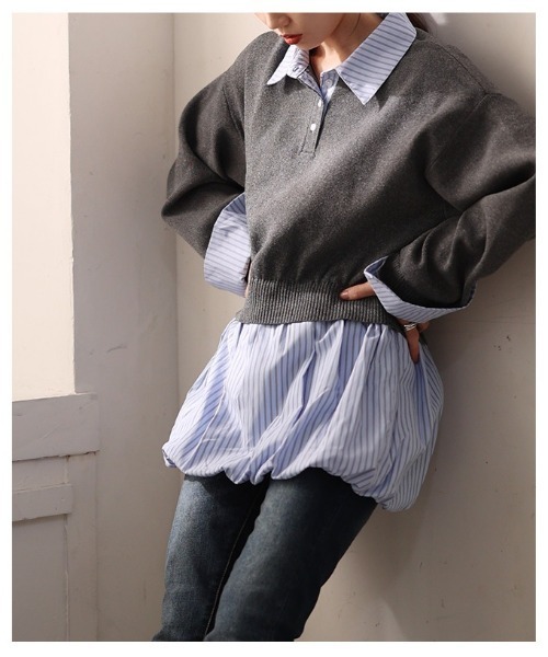 Sawa a la mode(サワアラモード)の「フェイクレイヤードバルーンヘムトップス(ニット/セーター・レディース・チャコールグレー/ブラック・FREE)」の12枚目の写真