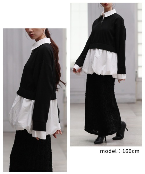 Sawa a la mode(サワアラモード)の「フェイクレイヤードバルーンヘムトップス(ニット/セーター・レディース・チャコールグレー/ブラック・FREE)」の16枚目の写真