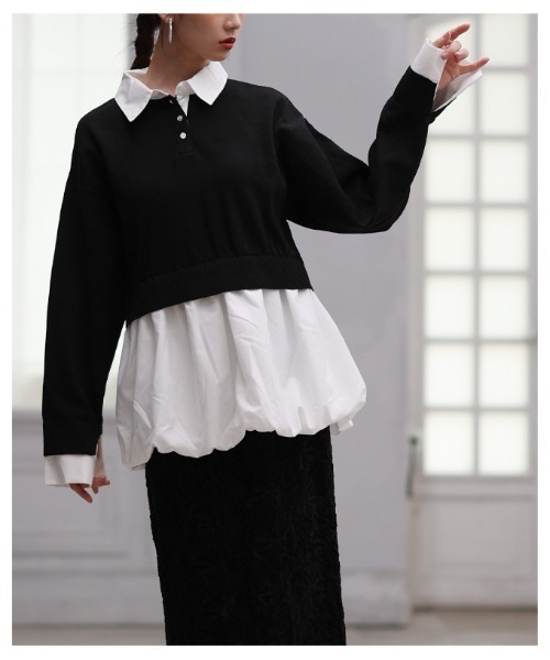 Sawa a la mode(サワアラモード)の「フェイクレイヤードバルーンヘムトップス(ニット/セーター・レディース・チャコールグレー/ブラック・FREE)」の17枚目の写真
