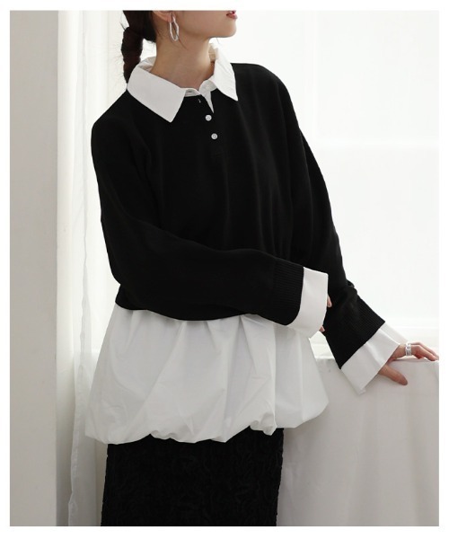 Sawa a la mode(サワアラモード)の「フェイクレイヤードバルーンヘムトップス(ニット/セーター・レディース・チャコールグレー/ブラック・FREE)」の19枚目の写真