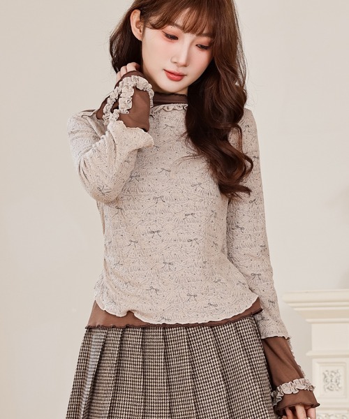 Anely(アネリー)の「リボン プリント フリル レイヤード トップス(Tシャツ/カットソー・レディース・アイボリー/ブラウン・FREE)」の6枚目の写真