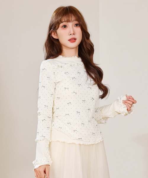 Anely(アネリー)の「リボン プリント フリル レイヤード トップス(Tシャツ/カットソー・レディース・アイボリー/ブラウン・FREE)」の9枚目の写真