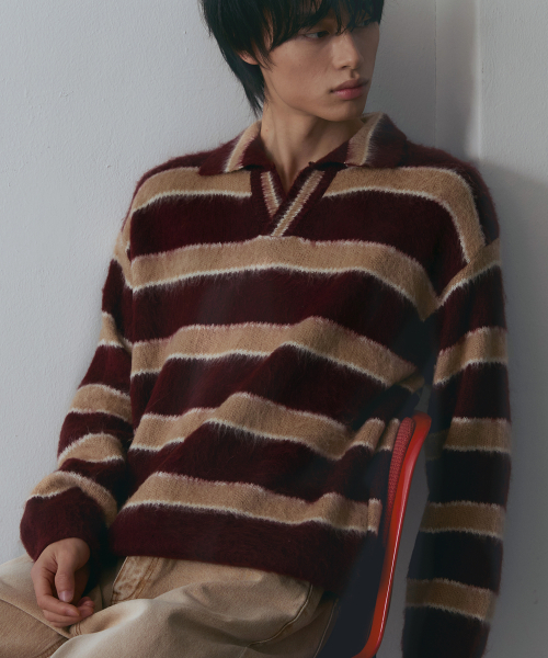Open Collar Striped Blouson [Burgundy] — блузон в полоску с открытым воротом