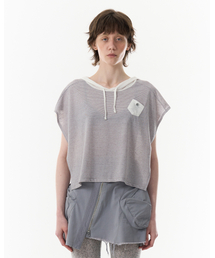 PAHISUM（パヒサム）の「ストライプパッチョフードパーカー_ライトグレー（パーカー）」