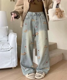 犬ちゃん刺しゅう裏ボアデニムパンツ