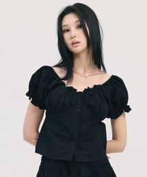 BABLETWO（ビーエイブルトゥー）の「noa shirring blouse-black（Tシャツ/カットソー）」