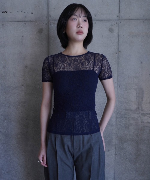 G.V.G.V.（ジーヴィージーヴィー）の「STRETCH LACE H/S TOP（Tシャツ/カットソー・レディース・ネイビー/ピンク/ブラック・ONE SIZE）」の2枚目の写真