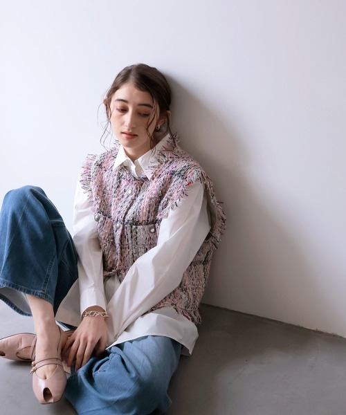 Jines(ジネス)の「ファンシーツィードジレ(ベスト・レディース・ピンク/マルチ/アイボリー・38)」の6枚目の写真