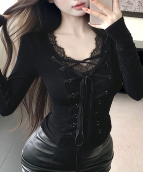 Sibra(シブラ)の「レースディテール レースアップ フィットカットソー(Tシャツ/カットソー・レディース・ブラック/グレー/ピンク・M)」の15枚目の写真