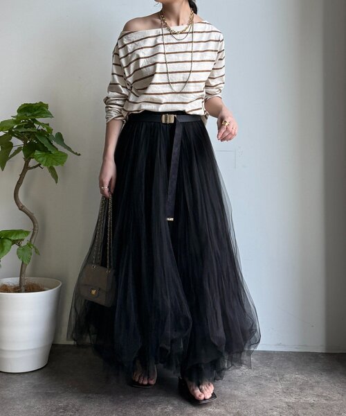 DouDou(ドゥドゥ)の「マルチボーダーオフショルTEE(Tシャツ/カットソー・レディース・アイボリー/レッド/ブラウン・FREE)」の5枚目の写真