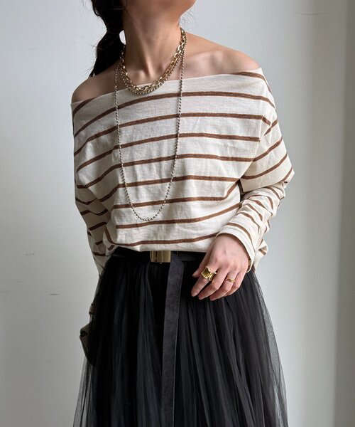 DouDou(ドゥドゥ)の「マルチボーダーオフショルTEE(Tシャツ/カットソー・レディース・アイボリー/レッド/ブラウン・FREE)」の9枚目の写真