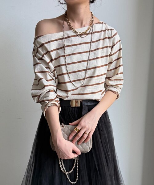 DouDou(ドゥドゥ)の「マルチボーダーオフショルTEE(Tシャツ/カットソー・レディース・アイボリー/レッド/ブラウン・FREE)」の10枚目の写真