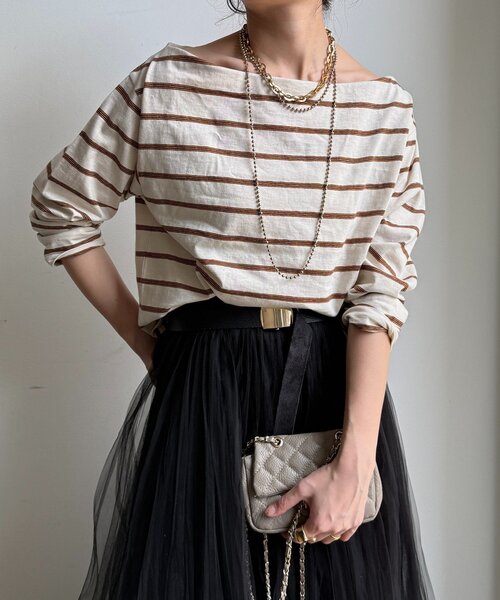 DouDou(ドゥドゥ)の「マルチボーダーオフショルTEE(Tシャツ/カットソー・レディース・アイボリー/レッド/ブラウン・FREE)」の11枚目の写真