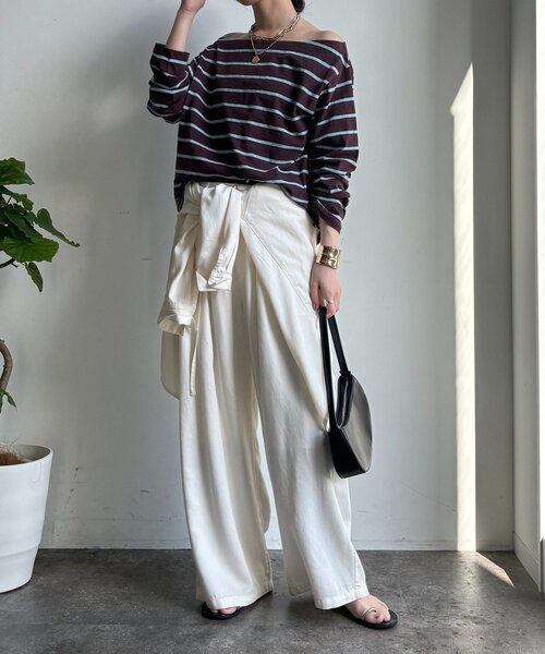 DouDou(ドゥドゥ)の「マルチボーダーオフショルTEE(Tシャツ/カットソー・レディース・アイボリー/レッド/ブラウン・FREE)」の22枚目の写真