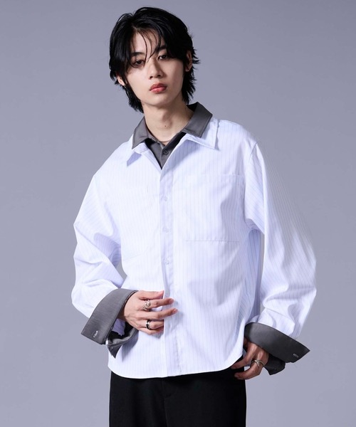 Ellno Loset(エルノロゼット)の「レイヤードスタイルストライプシャツ(シャツ/ブラウス・メンズ・ブラック/オフホワイト・LARGE/MEDIUM/SMALL)」の2枚目の写真