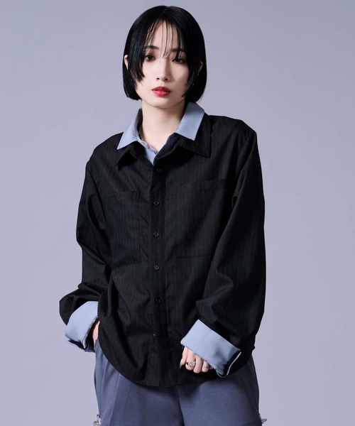 Ellno Loset(エルノロゼット)の「レイヤードスタイルストライプシャツ(シャツ/ブラウス・メンズ・ブラック/オフホワイト・LARGE/MEDIUM/SMALL)」の1枚目の写真