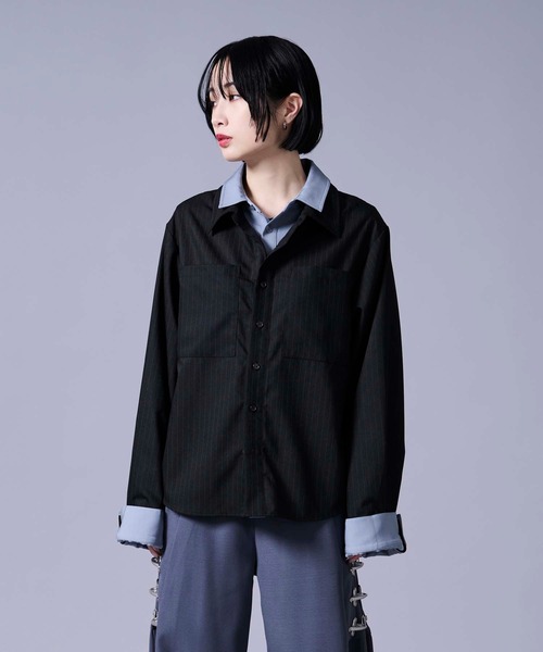 Ellno Loset(エルノロゼット)の「レイヤードスタイルストライプシャツ(シャツ/ブラウス・メンズ・ブラック/オフホワイト・LARGE/MEDIUM/SMALL)」の17枚目の写真