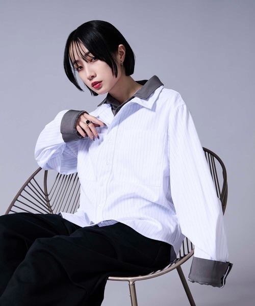 Ellno Loset(エルノロゼット)の「レイヤードスタイルストライプシャツ(シャツ/ブラウス・メンズ・ブラック/オフホワイト・LARGE/MEDIUM/SMALL)」の12枚目の写真