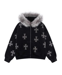 UNKNOWN LONDON（アンノウン・ロンドン）の「ジップフーディ｜Black x Silver Allover Cross Rhinestone Faux Fur Zip Hoodie｜Unknown London（ベスト）」