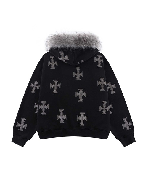 UNKNOWN LONDON（アンノウン・ロンドン）の「ジップフーディ｜Black x Silver Allover Cross Rhinestone Faux Fur Zip Hoodie｜Unknown London（ベスト・メンズ・ブラック・X-LARGE/LARGE/MEDIUM/SMALL）」の2枚目の写真