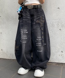 【26年春夏新作】ウォッシュ加工 スタッズクロス カーブワイドバギー バレルレッグデニムパンツ