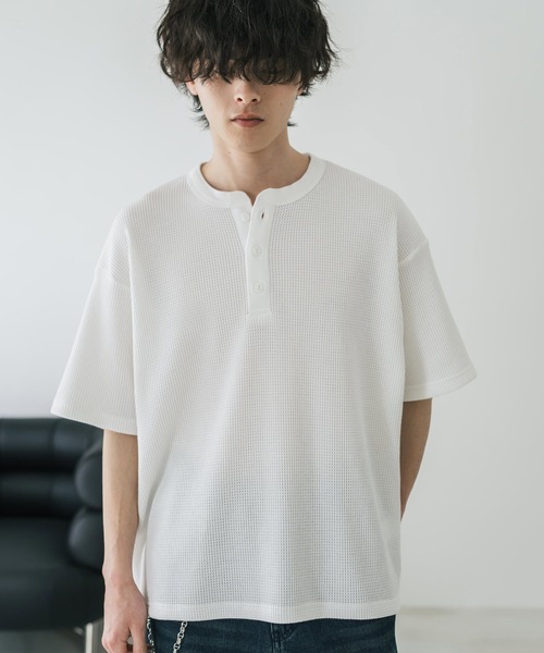 Rocky Monroe（ロッキーモンロー）の「オーバーサイズ T/Cワッフルヘンリーネック半袖Tシャツ（Tシャツ/カットソー・メンズ・チャコール/ベージュ/ホワイト/ブラック/グレー・M/XL/L）」の18枚目の写真