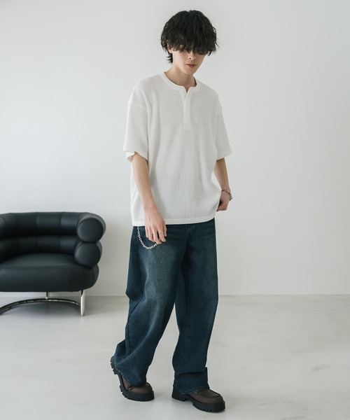 Rocky Monroe（ロッキーモンロー）の「オーバーサイズ T/Cワッフルヘンリーネック半袖Tシャツ（Tシャツ/カットソー・メンズ・チャコール/ベージュ/ホワイト/ブラック/グレー・M/XL/L）」の15枚目の写真