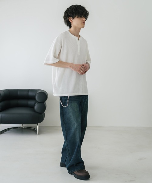 Rocky Monroe（ロッキーモンロー）の「オーバーサイズ T/Cワッフルヘンリーネック半袖Tシャツ（Tシャツ/カットソー・メンズ・チャコール/ベージュ/ホワイト/ブラック/グレー・M/XL/L）」の14枚目の写真