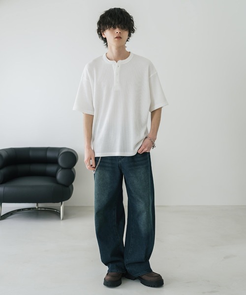 Rocky Monroe（ロッキーモンロー）の「オーバーサイズ T/Cワッフルヘンリーネック半袖Tシャツ（Tシャツ/カットソー・メンズ・チャコール/ベージュ/ホワイト/ブラック/グレー・M/XL/L）」の13枚目の写真