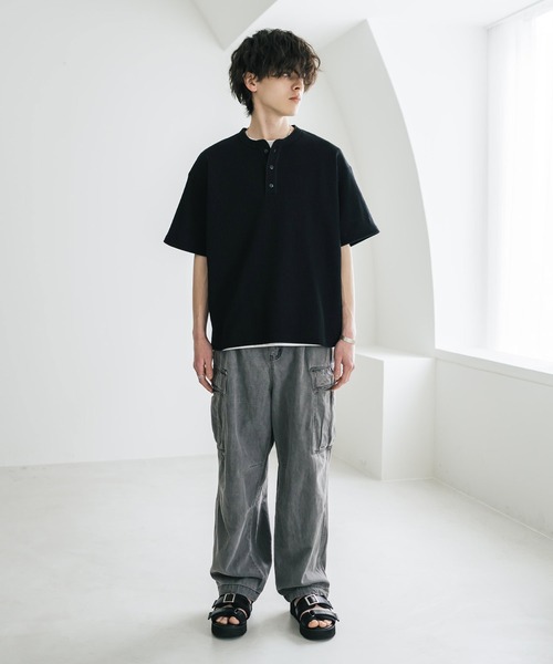 Rocky Monroe（ロッキーモンロー）の「オーバーサイズ T/Cワッフルヘンリーネック半袖Tシャツ（Tシャツ/カットソー・メンズ・チャコール/ベージュ/ホワイト/ブラック/グレー・M/XL/L）」の21枚目の写真