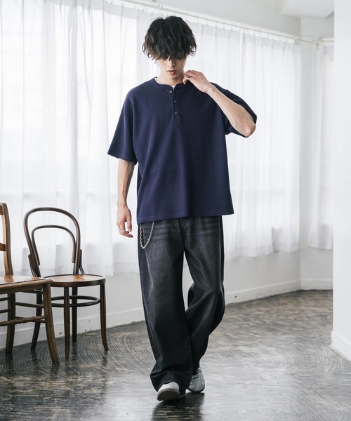 Rocky Monroe(ロッキーモンロー)の「新色追加 オーバーサイズ T/Cワッフルヘンリーネック半袖Tシャツ(Tシャツ/カットソー・メンズ・チャコール/ベージュ/ホワイト/ブラック/グレー/ネイビー・M/XL/L)」の10枚目の写真