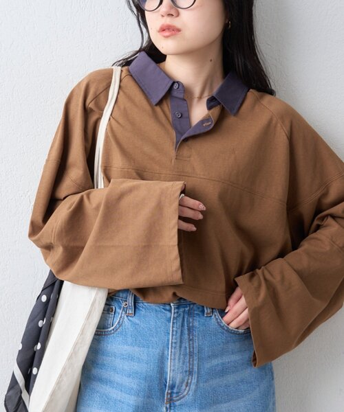 CIAOPANIC TYPY（チャオパニックティピー）の「【WEB限定/大人見え】襟配色カラーシアースラブワイドラガーロンTee（Tシャツ/カットソー・レディース・グレー/チャコールグレー/ブラウン・ONE SIZE）」の3枚目の写真