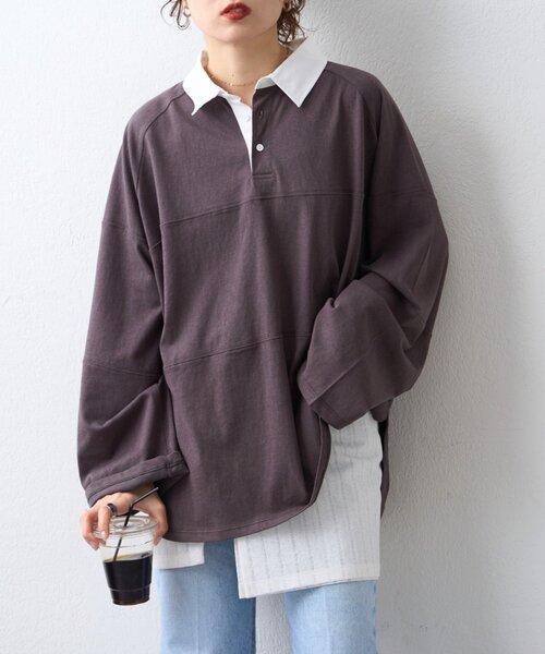 CIAOPANIC TYPY（チャオパニックティピー）の「【WEB限定/大人見え】襟配色カラーシアースラブワイドラガーロンTee（Tシャツ/カットソー・レディース・グレー/チャコールグレー/ブラウン・ONE SIZE）」の22枚目の写真