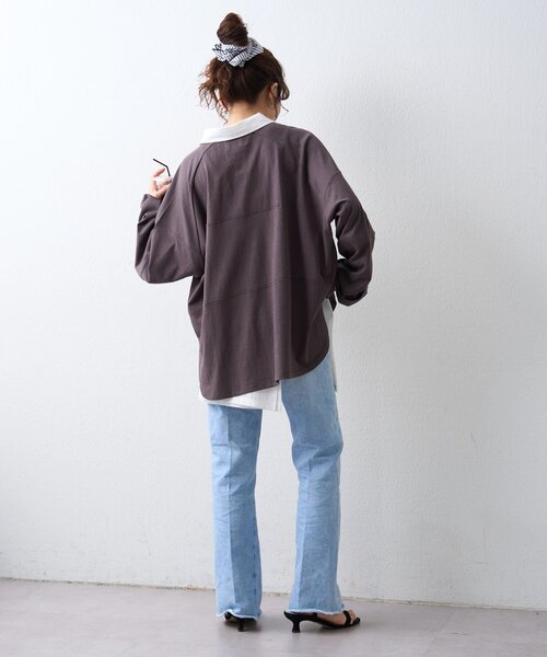 CIAOPANIC TYPY（チャオパニックティピー）の「【WEB限定/大人見え】襟配色カラーシアースラブワイドラガーロンTee（Tシャツ/カットソー・レディース・グレー/チャコールグレー/ブラウン・ONE SIZE）」の16枚目の写真