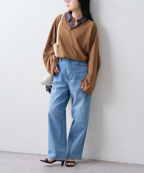 CIAOPANIC TYPY（チャオパニックティピー）の「【WEB限定/大人見え】襟配色カラーシアースラブワイドラガーロンTee（Tシャツ/カットソー・レディース・グレー/チャコールグレー/ブラウン・ONE SIZE）」の4枚目の写真