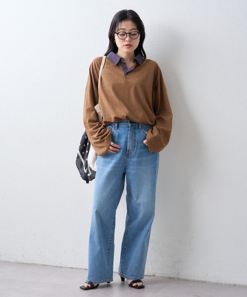 CIAOPANIC TYPY（チャオパニックティピー）の「【WEB限定/大人見え】襟配色カラーシアースラブワイドラガーロンTee（Tシャツ/カットソー・レディース・グレー/チャコールグレー/ブラウン・ONE SIZE）」の5枚目の写真