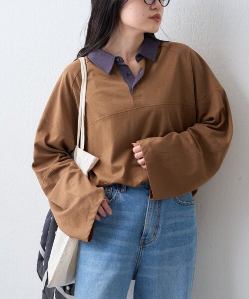 CIAOPANIC TYPY（チャオパニックティピー）の「【WEB限定/大人見え】襟配色カラーシアースラブワイドラガーロンTee（Tシャツ/カットソー・レディース・グレー/チャコールグレー/ブラウン・ONE SIZE）」の6枚目の写真