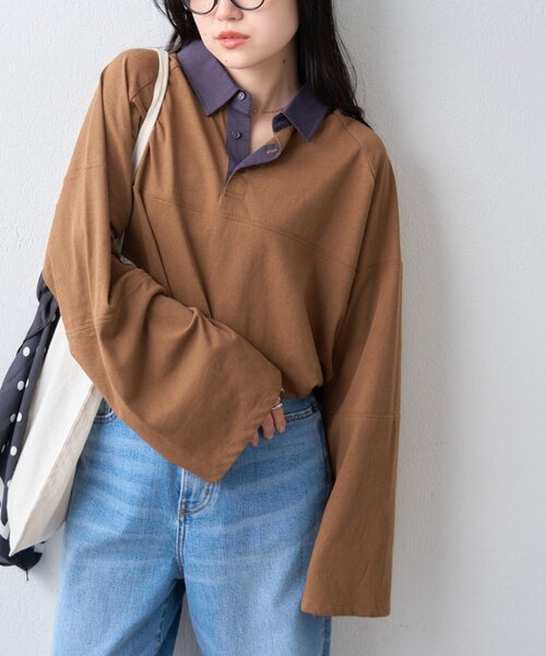 CIAOPANIC TYPY（チャオパニックティピー）の「【WEB限定/大人見え】襟配色カラーシアースラブワイドラガーロンTee（Tシャツ/カットソー・レディース・グレー/チャコールグレー/ブラウン・ONE SIZE）」の7枚目の写真