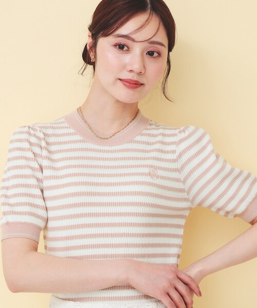 index（インデックス）の「変わり編みボーダー半袖ニット【洗濯機OK/抗ピル】（ニット/セーター・レディース・ブラック系2/グリーン系3/ベージュ系その他6・40/38/36）」の3枚目の写真